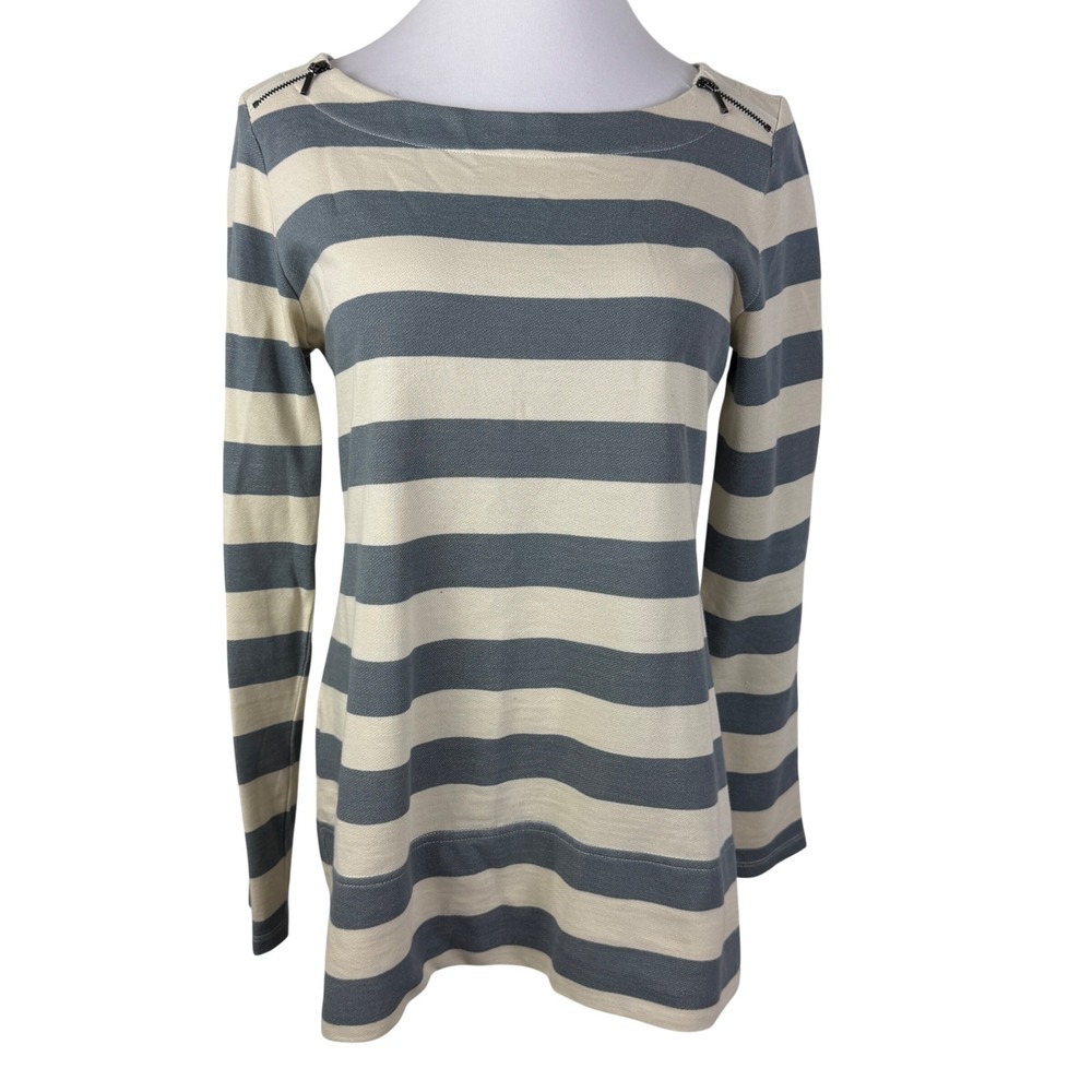 Ann Taylor Loft Blue Cream Striped Boat Neck Top with Shoulder Zippers Women's M